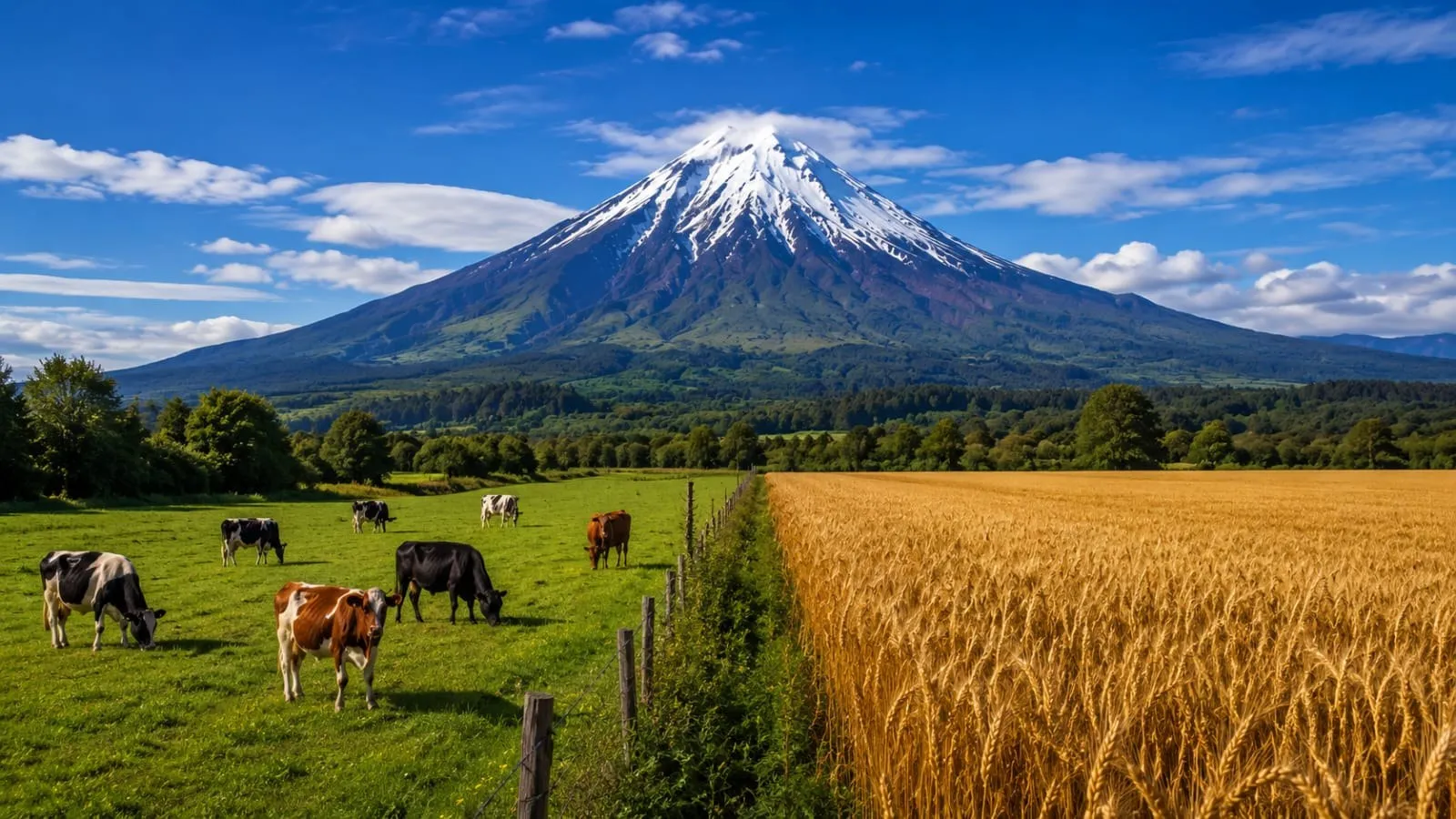Volcán, pradera y trigal en La Araucanía